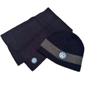 VOLKSWAGEN Logo Beanie and Scarf Set, Navy and Gray